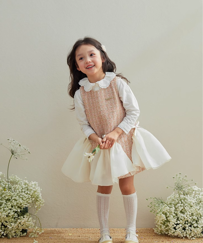 ウェーブシフォンリボンツイードワンピース