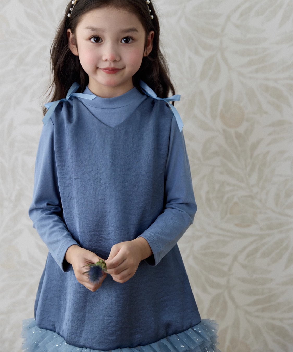 Vネックショルダーリボンチュールドッキングワンピース