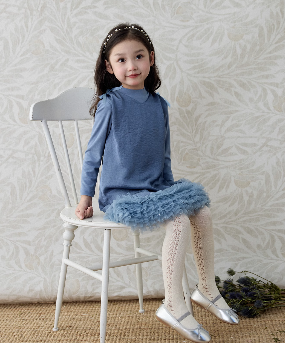 Vネックショルダーリボンチュールドッキングワンピース