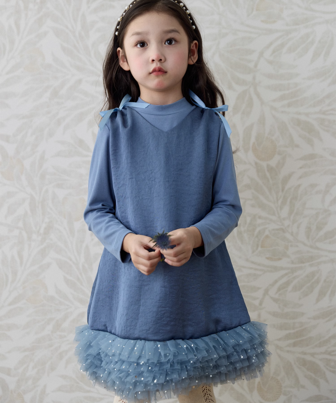 Vネックショルダーリボンチュールドッキングワンピース