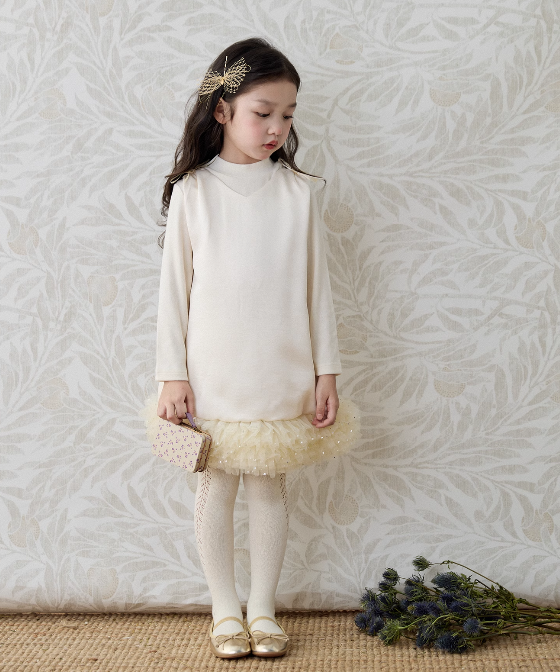 Vネックショルダーリボンチュールドッキングワンピース