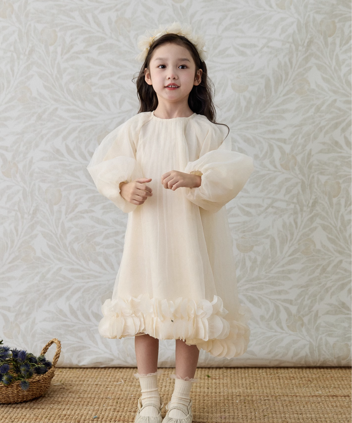 ボリュームスリーブ花びらチュールドレス