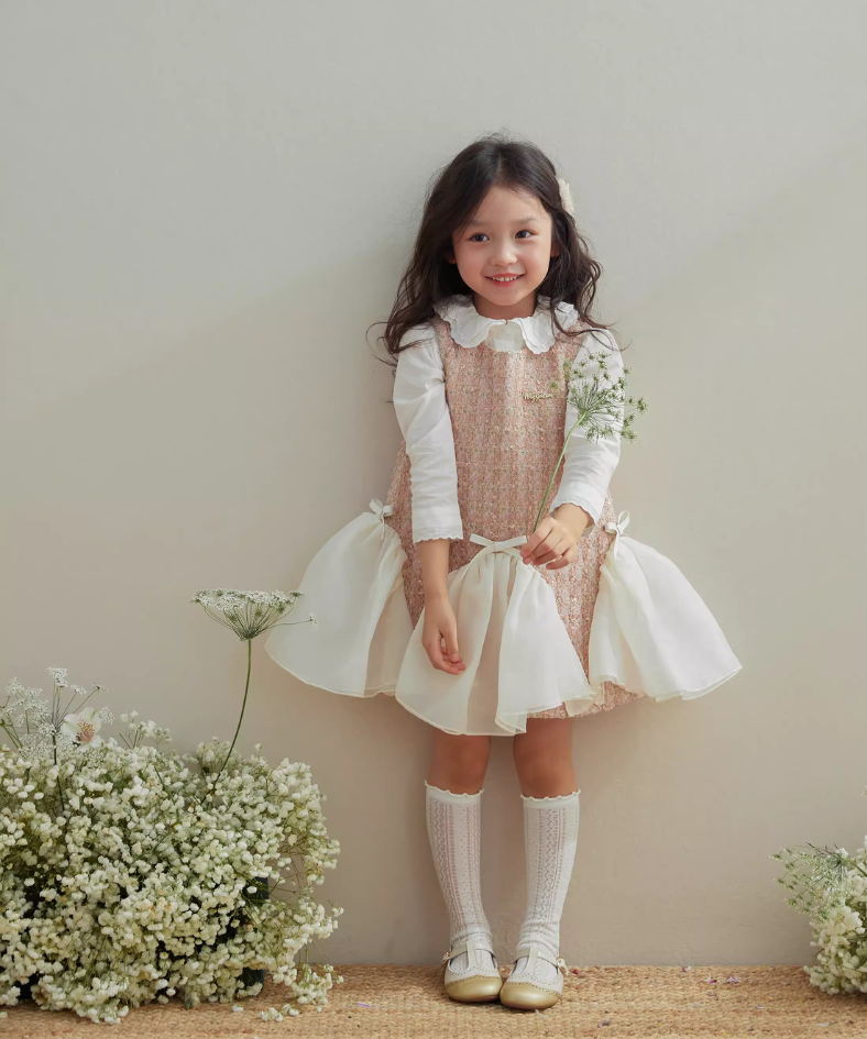 ウェーブシフォンリボンツイードワンピース