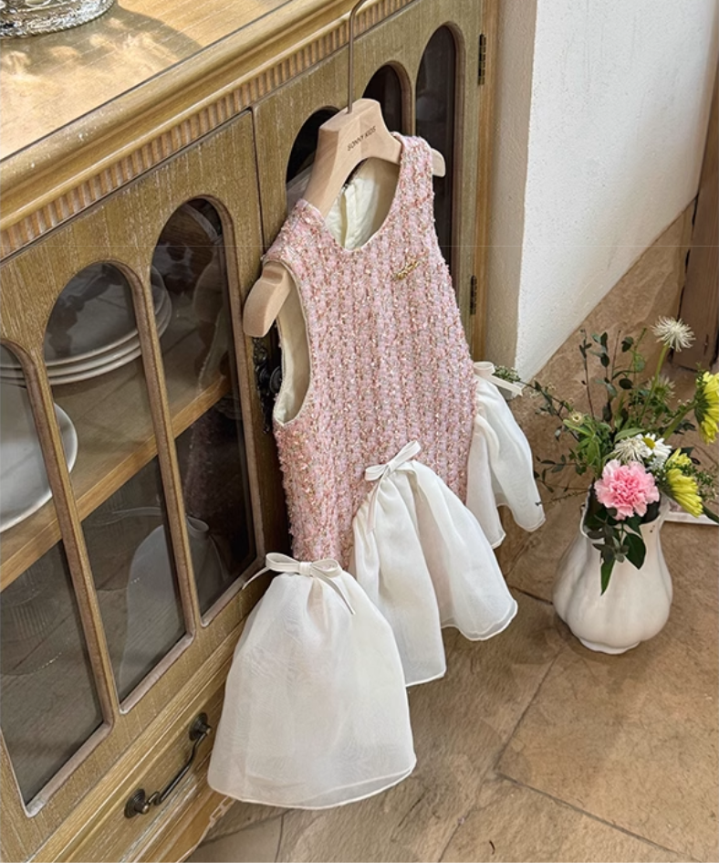 ウェーブシフォンリボンツイードワンピース