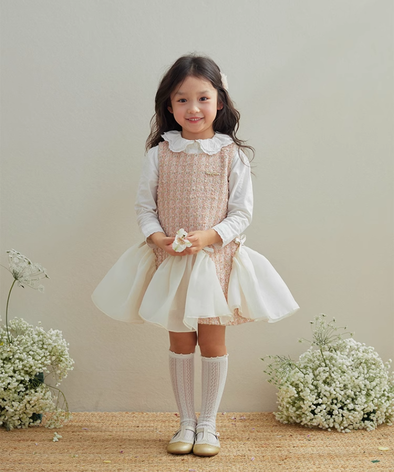 ウェーブシフォンリボンツイードワンピース