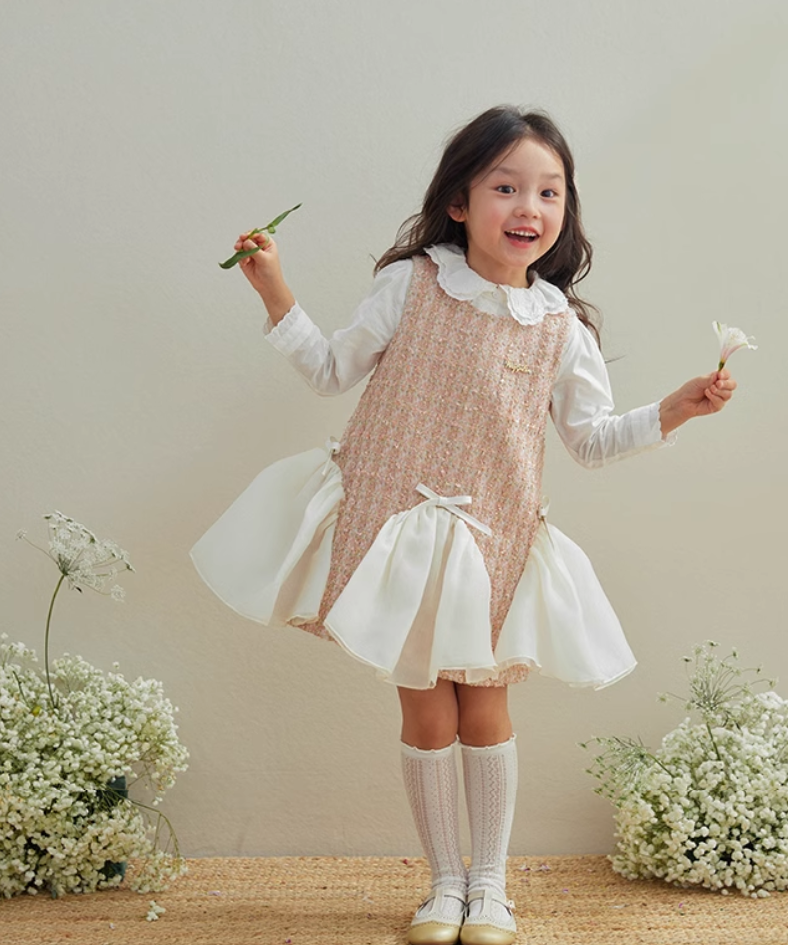 ウェーブシフォンリボンツイードワンピース