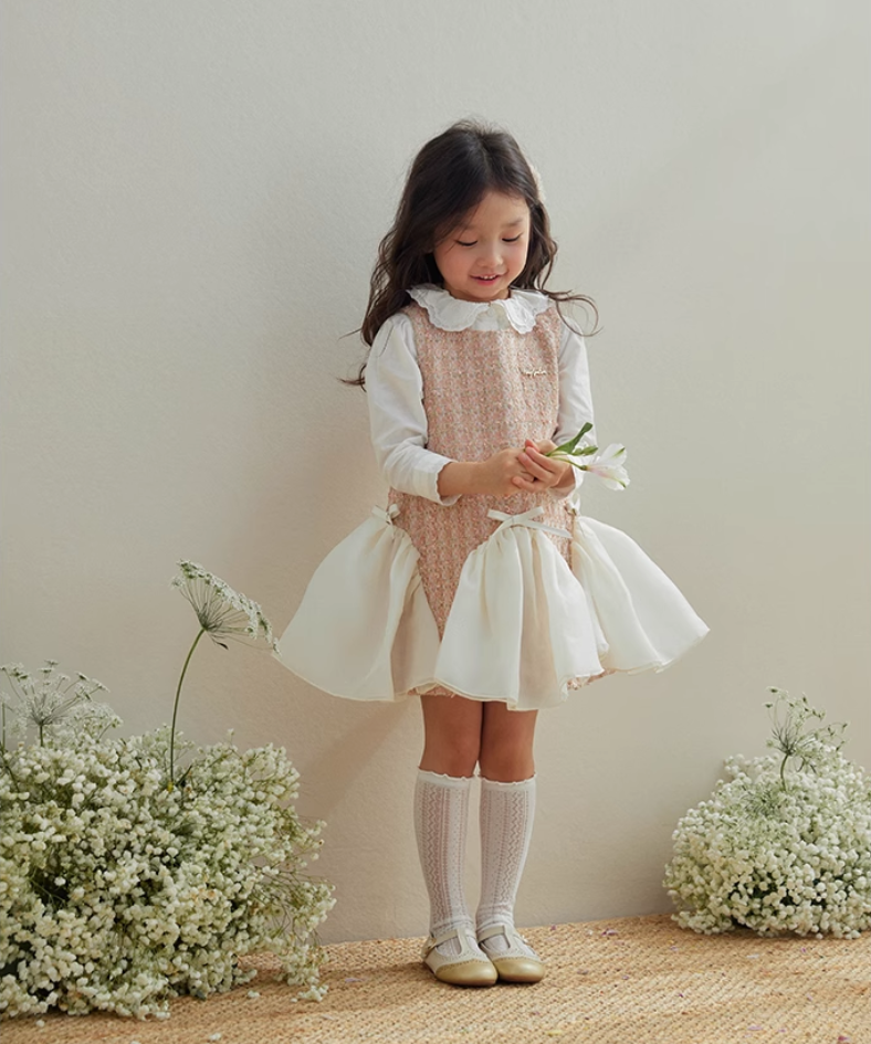 ウェーブシフォンリボンツイードワンピース