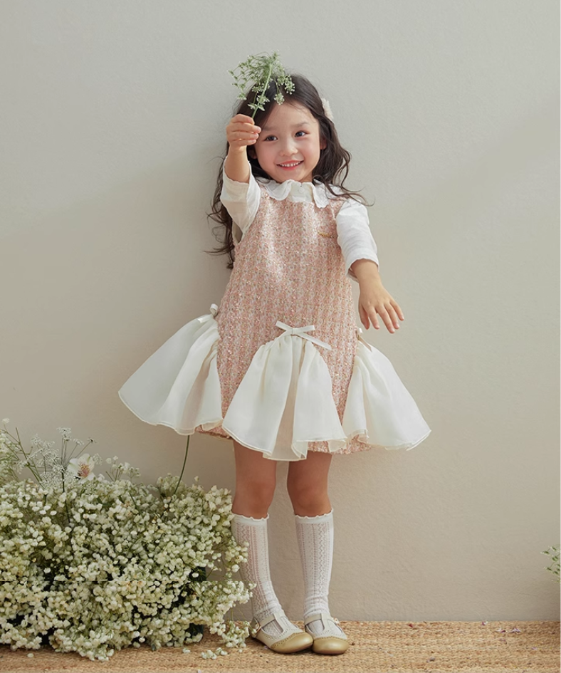 ウェーブシフォンリボンツイードワンピース