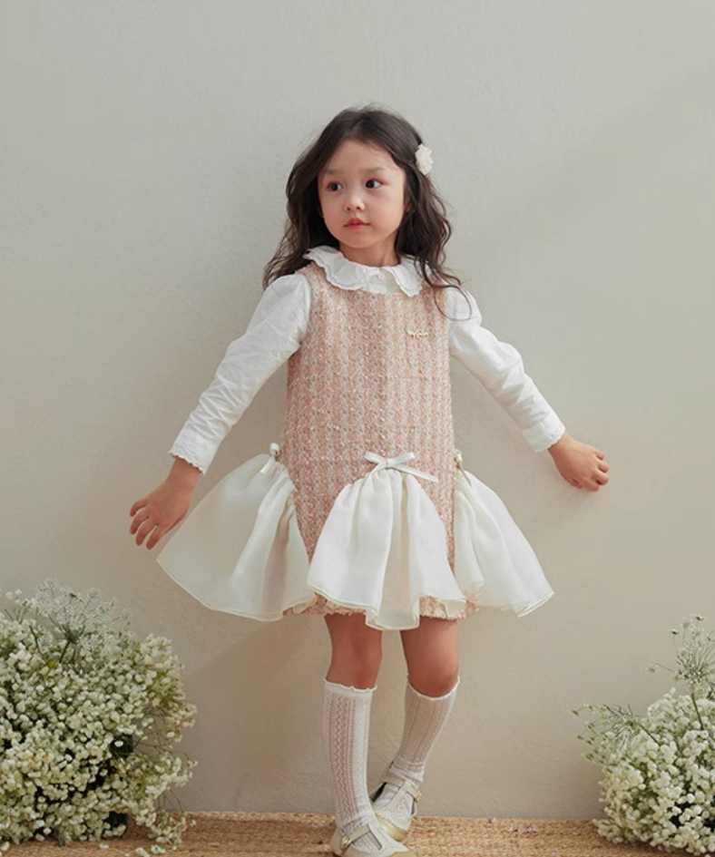 ウェーブシフォンリボンツイードワンピース