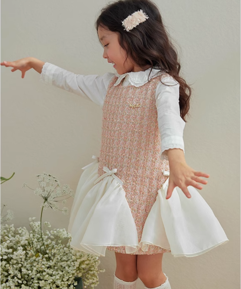 ウェーブシフォンリボンツイードワンピース