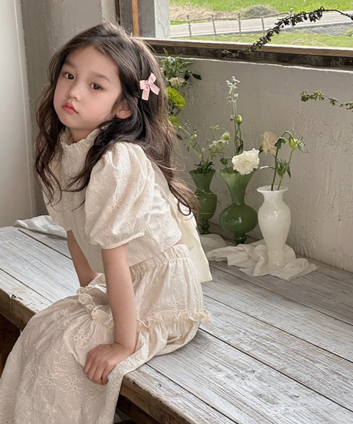 フレンチスタイルパフスリーブフラワーセットアップ