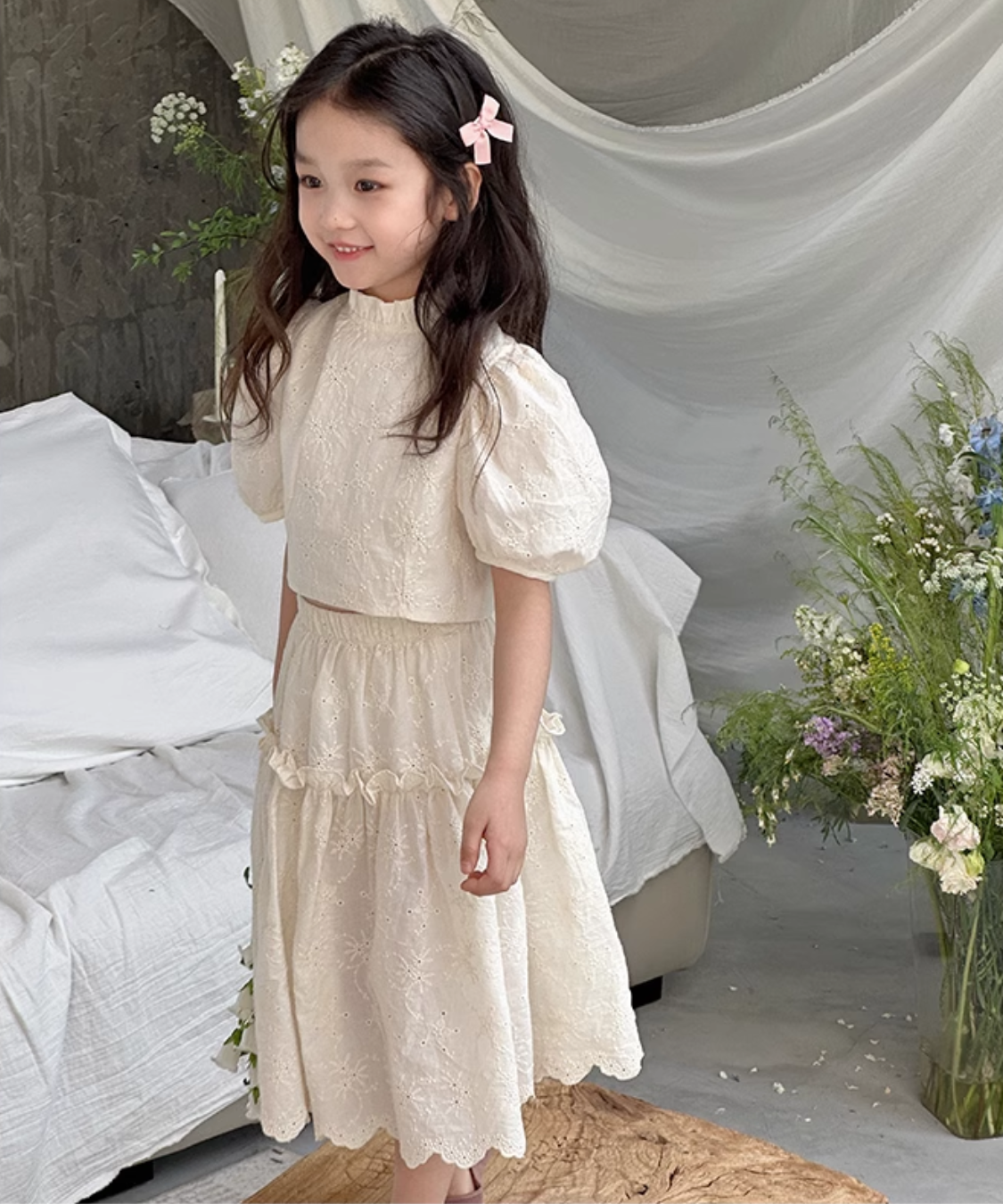 フレンチスタイルパフスリーブフラワーセットアップ